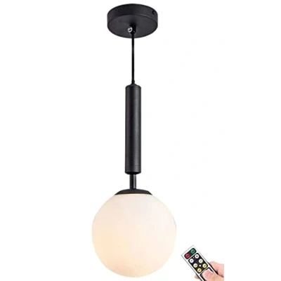 Image of Wireless Battery Operated Pendant with Remote &amp; Dimmable Bulb, Not Hardwired Powered Ceiling Lamp, White Frosted Glass Globe Shade Adjustable Island Kitchen Dining Room Bedroom Light Fixture