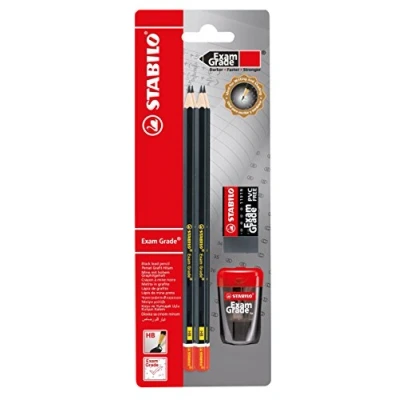 Image of STABILO Graphite Pencil and Sharpener with Eraser Exam Grade Pack of 4 HB