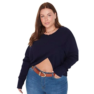 Image of Trendyol Women&#039;s V Neck Plain Regular Plus Size Sweater Sweatshirt, Navy Blue, 3XL