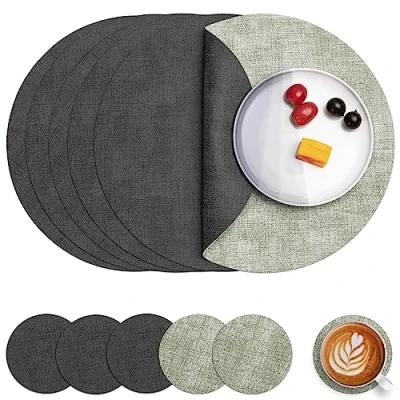 Image of Myir JUN Leather Placemats and Coaster Set of 6, Table Mats Round Waterproof Dual Sided Kitchen Place Coffee Heat Resistant Placemat Non Slip Washable (set Grey Green)