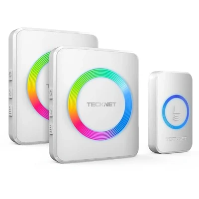 Image of TECKNET Wireless Doorbell, Doorbell IP65 Waterproof Twin Wall Plug in Cordless Door Chime Kit with 400m Range, 60 Chimes, 120dB Lound 5 Level Volume &amp; RGB Light, Entry Bell