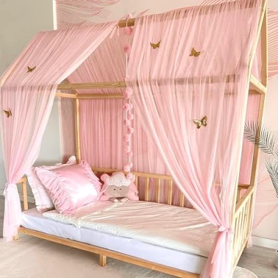 Image of Baby Fancyroom House Bed Canopy Pink for Cot Children&#039;s Room Curtain Girls Princess (Sky without Butterflies, 340 cm)