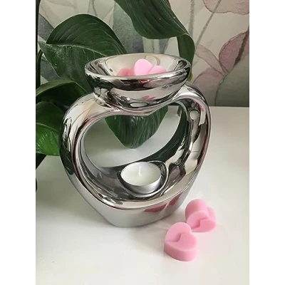Image of Desire Aroma Wax Melter/Oil Warmer, Silver Heart Shaped Design with attached dish on top for your Melts/Oil