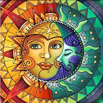 Image of Abillyn Embroidery Cross Stitch Kits Sun and Moon Stars Fractal Face Hippie Stamped with Printed Pattern Starter Kit (Sun)
