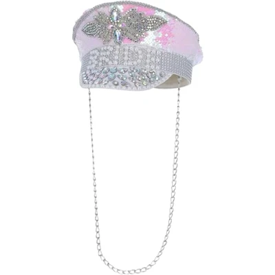 Image of Smiffys Fever Deluxe Sequin &amp; Pearl Bride Captains Hat with Chain, Accessories Fancy Dress, Adult Dress Up Hats