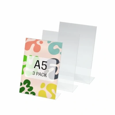Image of Be!Board SY112 Sign Holder, slanted, for A5, single sided presentation, acrylic, clear, 3 Pieces