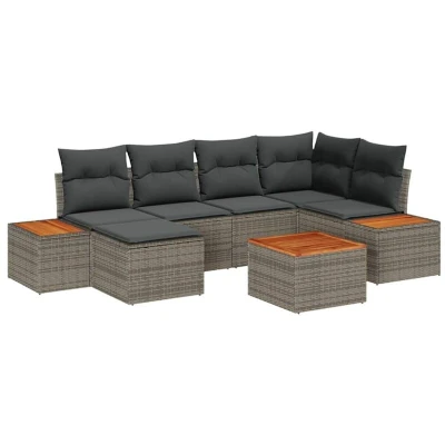 Image of vidaXL 7 Piece Garden Sofa Set with Cushions Grey Poly Rattan Acacia