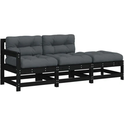 Image of vidaXL Garden Lounge Set 3 Piece, Sofa with Cushions, Outdoor for Patio, Footstool Middle Sofa, Modern Style, Black Solid Wood