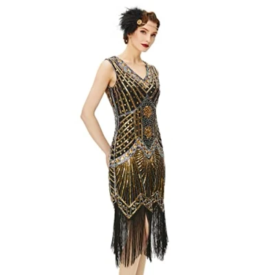Image of BABEYOND Women&#039;s Flapper Dresses 1920s V Neck Beaded Fringed Great Gatsby Dress (Gold, M)