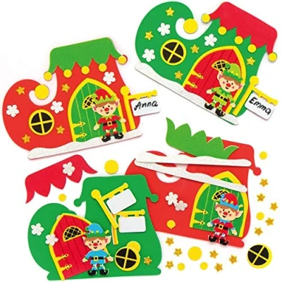 Image of Baker Ross AX400 Christmas Elf Door Kits Pack of 4, Santa Stop Here Creative Art and Craft Supplies for Kids to Make, Decorate Display