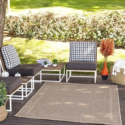 Image of Livabliss Darwin Indoor Outdoor Rug Large Boho for Living Room 156x207cm, Dining, Kitchen Vintage Patterned Neutral &amp; Coloured Rugs, Waterproof, Stain Durable, Dark Beige and Black