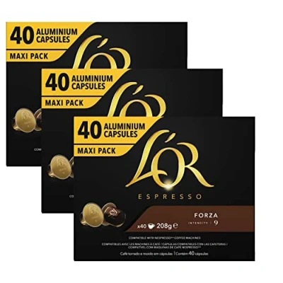 Image of L&#039;OR Espresso Coffee Forza Intensity 9 Aluminium Capsules 3 Packs of 40 (120 Drinks)