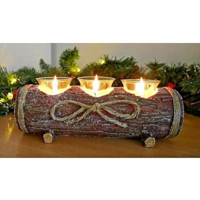 Image of Modern Rustic Log Christmas Candle Tea Light Holders with 3 Stylish Glass Holder Strong and Robust Wood Effect Table Centerpiece Ornamental Wedding Gifts
