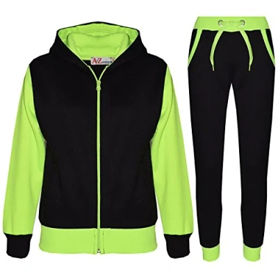 Image of A2Z 4 Kids Girls Boys Tracksuit Plain Camouflage Contrast Fleece Hooded Top with Bottom Joggers Suit T.S 101 Neon Green 9 10