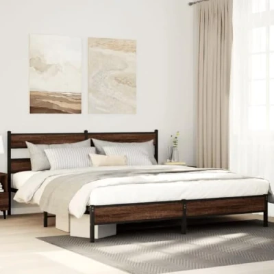 Image of vidaXL Metal Bed Frame Brown Oak Steel Double Bedstead, 183x213 cm, Ideal Bedroom Furniture with Extra Storage