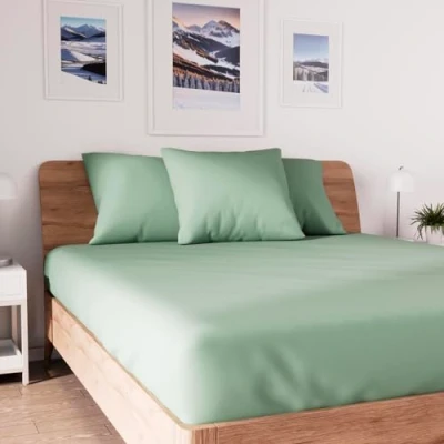 Image of Soleil d&#039;Ocre Jersey Fitted Sheet, Cotton, Green, 140 x 190 cm