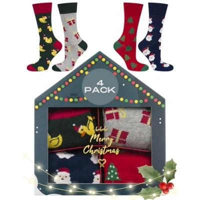 Image of soxo Christmas Mens Socks Ladies Gifts Funny Women Gift Xmas Men Presents Long Sock 4 Pairs 6.5 10.5 Box