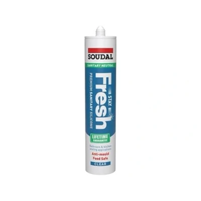 Image of Soudal Stay Fresh Bathroom Kitchen Neutral Acetoxy Cure Sanitary Silicone Sealant Colours 300ml, Low Modulus, Food Safe, XS1 fungicide (Clear)
