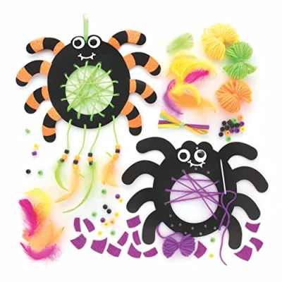 Image of Baker Ross FE697 Spider Dreamcatcher Craft Kits Pack of 4, Make Your Own Card Dream Catcher Kit, Halloween Art and for Kids to Decorate,