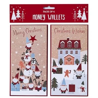 Image of Design By Violet Pack of 4 Christmas Gnomes and Friends Money Wallet Gift Cards &amp; Envelopes For Cash Gifts Xmas Voucher Wallets