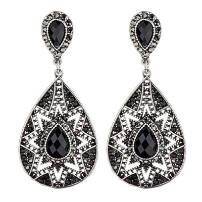 Image of Clip On Earrings Antique Silver Plated With Black Crystals Bisa