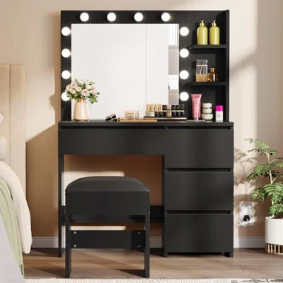 Image of YITAHOME Dressing Table with Mirror and Stool, White Makeup Vanity Desk Drawers, Open Shelves Morden Bedroom Tables 12 LED Lights Adjustable Brightness, Black