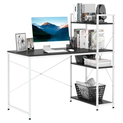 Image of HOMCOM Computer Desk with Storage Shelves on Left or Right, Industrial Reversible Writing for Home Office, Study, Easy Assembly, 120 x 64 121cm, Black and White