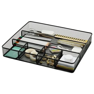 Image of Annova Desk Drawer Organizer/Storage Tray Metal Mesh with Dividers for Pens, Desktop Accessories, Bathroom, Kitchen, Makeup and Office Supplies (Black)