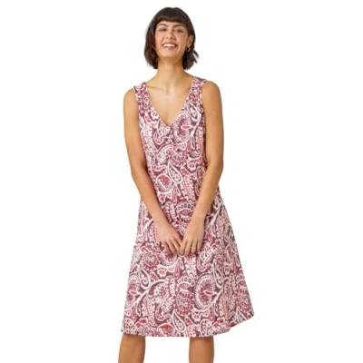 Image of Roman Sleeveless Paisley Print Stretch Dress for Women UK Ladies Spring Everyday Summer Holiday V Neckline Comfy Soft Knee Length Frock Vacation Gowns Wine Size 10