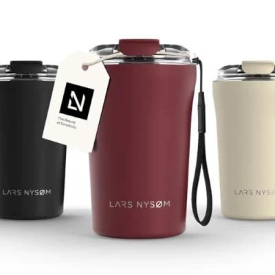 Image of LARS NYSØM Thermo Coffee Mug to Go with Strap 13oz Travel 0.38 Liter Insulation Leak Proof Stainless Steel Thermal for and Tea (Berry Red, 380ml)