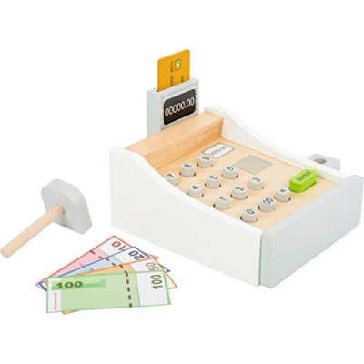 Image of Small Foot 11099 Wooden Register, incl. Scanner, Reader, Play Credit Cards, Trains The handling of and Prices, Authentic Shopping Fun for Young Old from 3 Years Upwards Toy, Multicolour