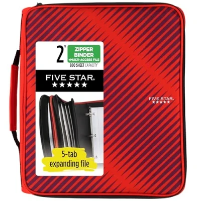Image of Five Star Zipper Binder, 2 Inch 3 Ring Binder for School, 6 Pocket Expanding File, 880 Sheet Capacity, Red (72538)