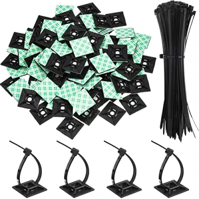 Image of 200 Pcs Black Zip Tie Adhesive Mounts Kit, 100 Self Cable and Base Holders, Wraps Wire Mount Holders Kit for Home Office Garage Workshop