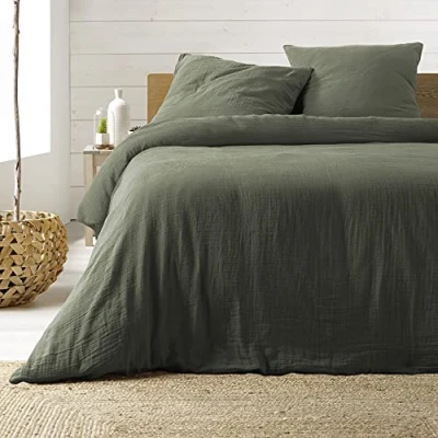 Image of Douceur d&#039;Intérieur 3 Piece Bedding Set (240 x 220 cm) Angelia Khaki, Cotton Gauze