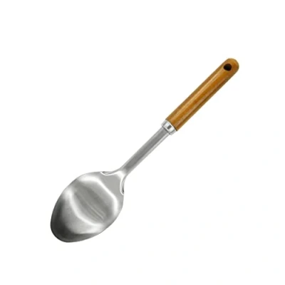 Image of Fackelmann FSC Acacia Stainless Steel Solid Spoon, Serving Cooking Dimensions: 31x7.5x3cm, Colour: Brown &amp; Silver