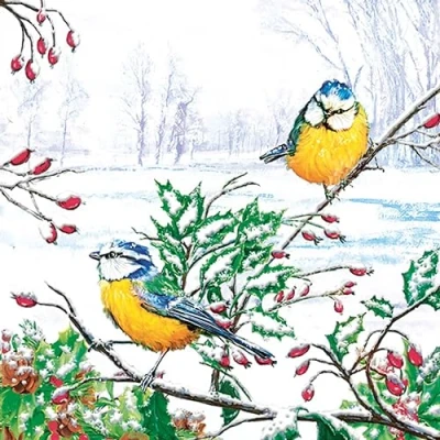 Image of 3 Ply Xmas Decoupage Tissue Paper Napkins Decorative Christmas Serviettes 33cm x Pack of 20 (Two Winter Tits)