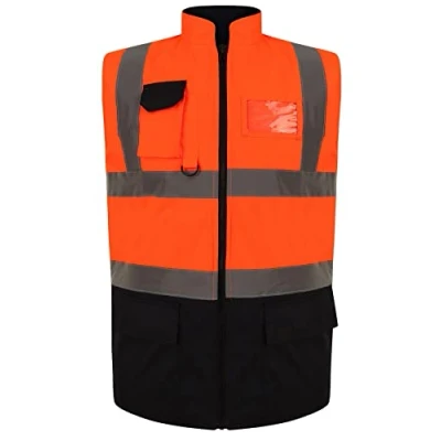 Image of Hi Viz Vis High Visibility Zip Up Waistcoat Reflective Tape Safety Vest Security Work Body Warmer Winter Wear Outdoor Jacket Sleeveless Warm Coat (Orange/Navy Large)
