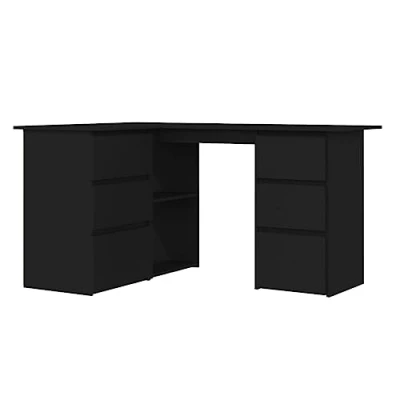 Image of vidaXL Corner Desk with Drawers and Shelves Durable Home Office Furniture Computer Study Table Laptop Workstation Black 145cm Chipboard