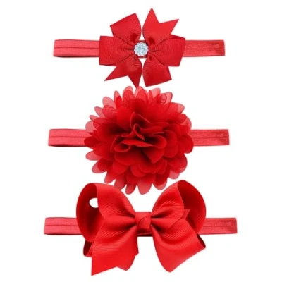 Image of Yueshop 3pcs/Set Baby Kids Girls Bowknot Headband Toddler Elastic Hair Band Headwear Bow for Newborn Infant Toddlers (Red)