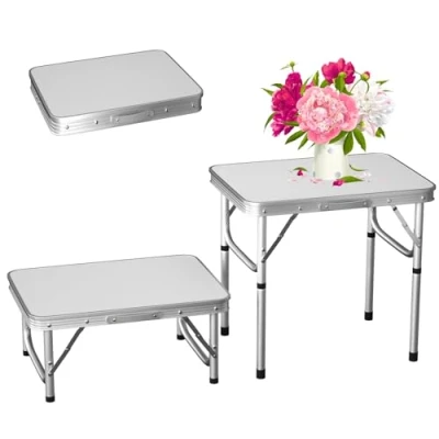 Image of Folding Table 2FT, Portable Adjustable Height camping table, Easy to transport with carry handle, For Indoor Outdoor Garden Picnic Dinning BBQ, 60x 45x26/56cm, White