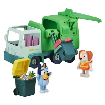 Image of Bluey Garbage Truck Vehicle Playset With Two 2.5&quot; 3&quot; Official Collectable Character Action Figures The Bin Man And 2 Rubbish Accessories
