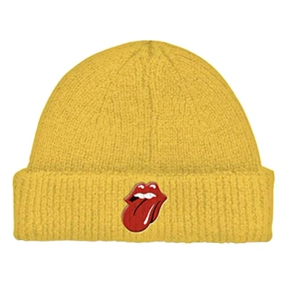 Image of The Rolling Stones Beanie Hat 72 Tongue Band Logo Official Yellow Roll Up One Size