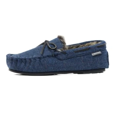 Image of DUNLOP Mens GEORGE Memory Foam Slippers Moccasin Loafers Faux Sheepskin Fur with Rubber Sole (Navy Plaid, UK Footwear Size System, Adult, Men, Numeric, Medium, 12)