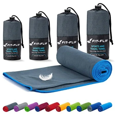 Image of Fit Flip Camping towel ultra lightweight &amp; compact microfibre quick dry sports for gym the perfect beach, travel swim (40x80cm dark grey blue edge)