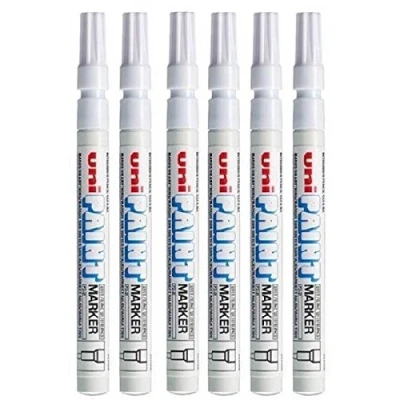 Image of Uni Colour Fine (0.8 1.2mm) PX 21 White Oil Paint Marker Pen Metal Glass Wood Plastic Stone Outdoor mm Bullet Nib Tip (Pack Of 6)