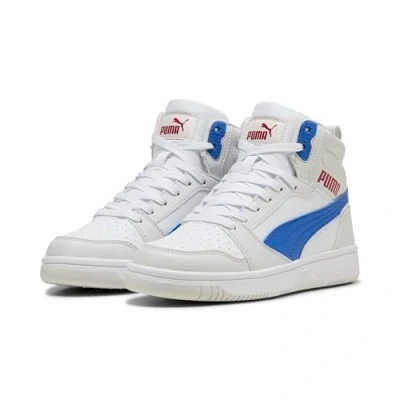Image of PUMA Rebound V6 MID JR Sneaker, White Vivid Blue Feather Gray, 3.5 UK