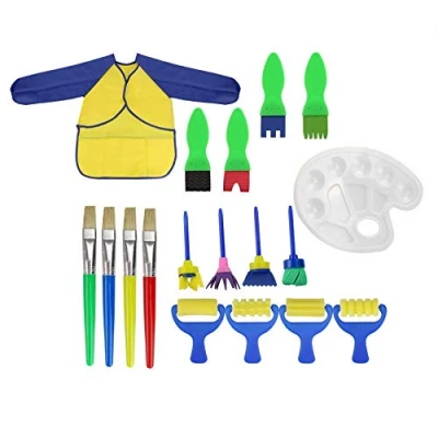 Image of OFKPO 18 PCS Paint Brushes Kit, Includes Sponge Tools, Common Brushes, Palette, Apron, Early Learning DIY Arts and Crafts Set for Kids