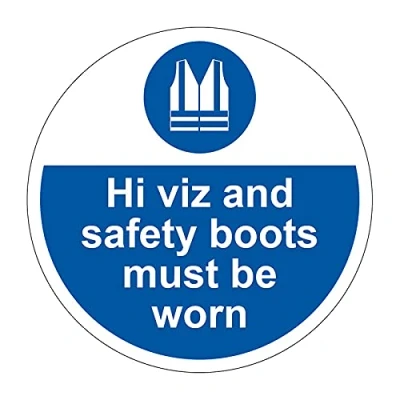 Image of Hi Viz And Safety Boots Floor Sign, Hard Wearing Non Slip/Abrasive Lamination, R9 Grade For Slip Resistance, High Strength Adhesive Backing, 400mm Diameter