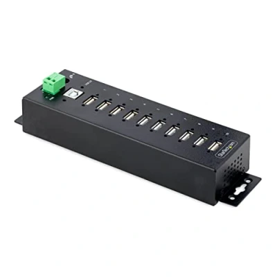 Image of StarTech.com 10 Port Industrial USB 2.0 Hub, Rugged Hub w/ESD Level 4 Protection, DIN/Wall/Desk Mountable A Expander w/Lockable Ports, (USB210AIND HUB), Black