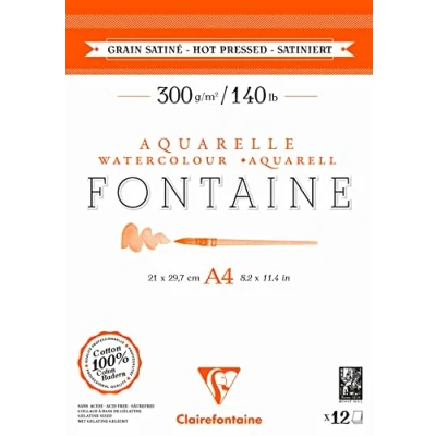 Image of Clairefontaine 975948C Pad Glued 2 Sides Fontaine 12 Sheets White Watercolor Paper 100% Cotton Satin Grain Professional Quality A4 21x29.7 cm 300g